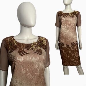 NWT Knee-Length Formal Dress Short Sleeve Lace Ombre Front Solid Back Round Neck